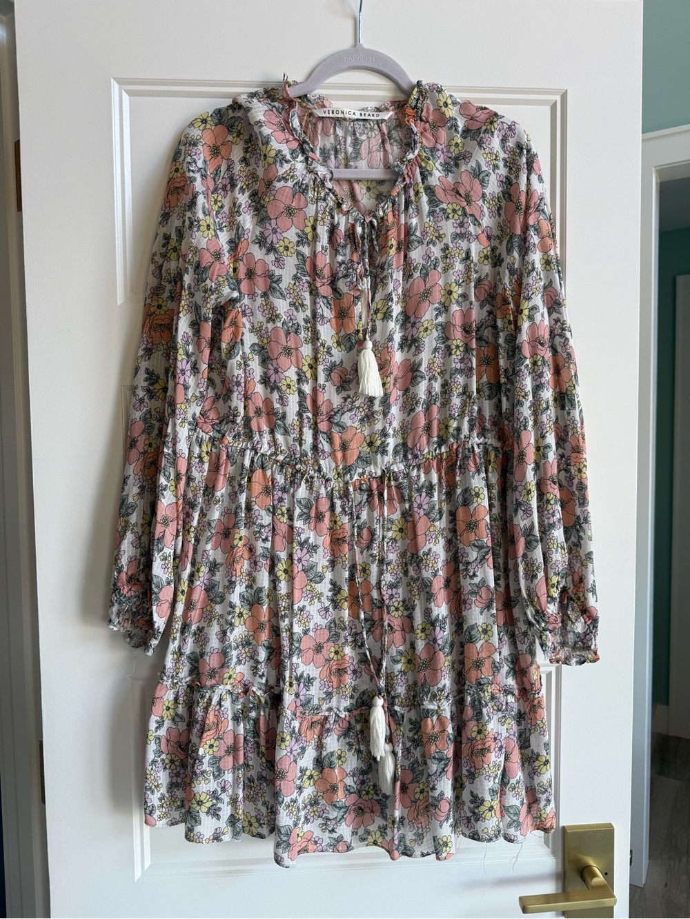 Veronica Beard Pink Floral Tiered Maxi Dress with Cream Tassels